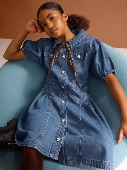 Dsiney Kidz - Lipsy Blue Denim Puff Sleeve Diamante Dress (5-16yrs) image 2