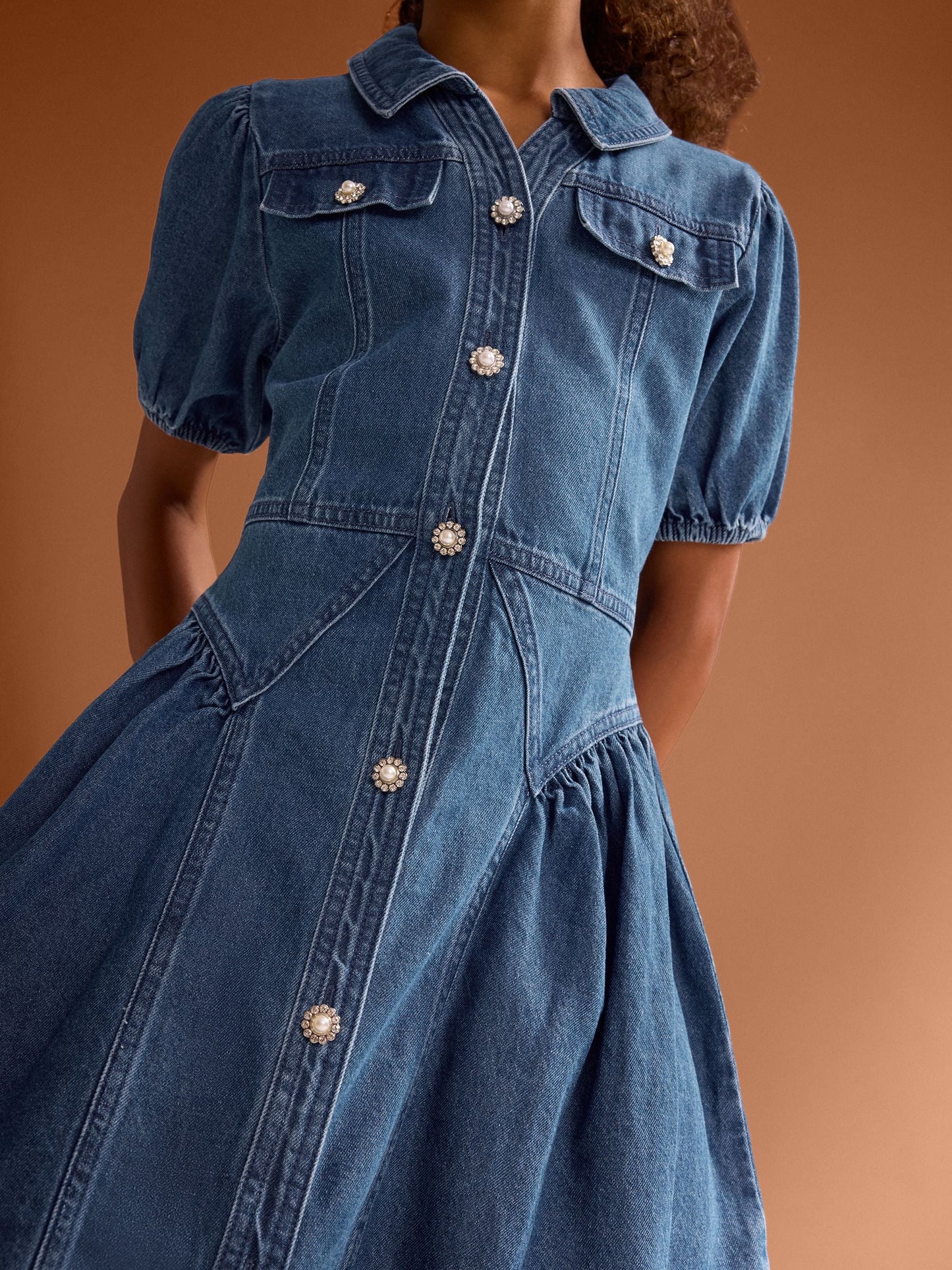 Dsiney Kidz - Lipsy Blue Denim Puff Sleeve Diamante Dress (5-16yrs) image 3