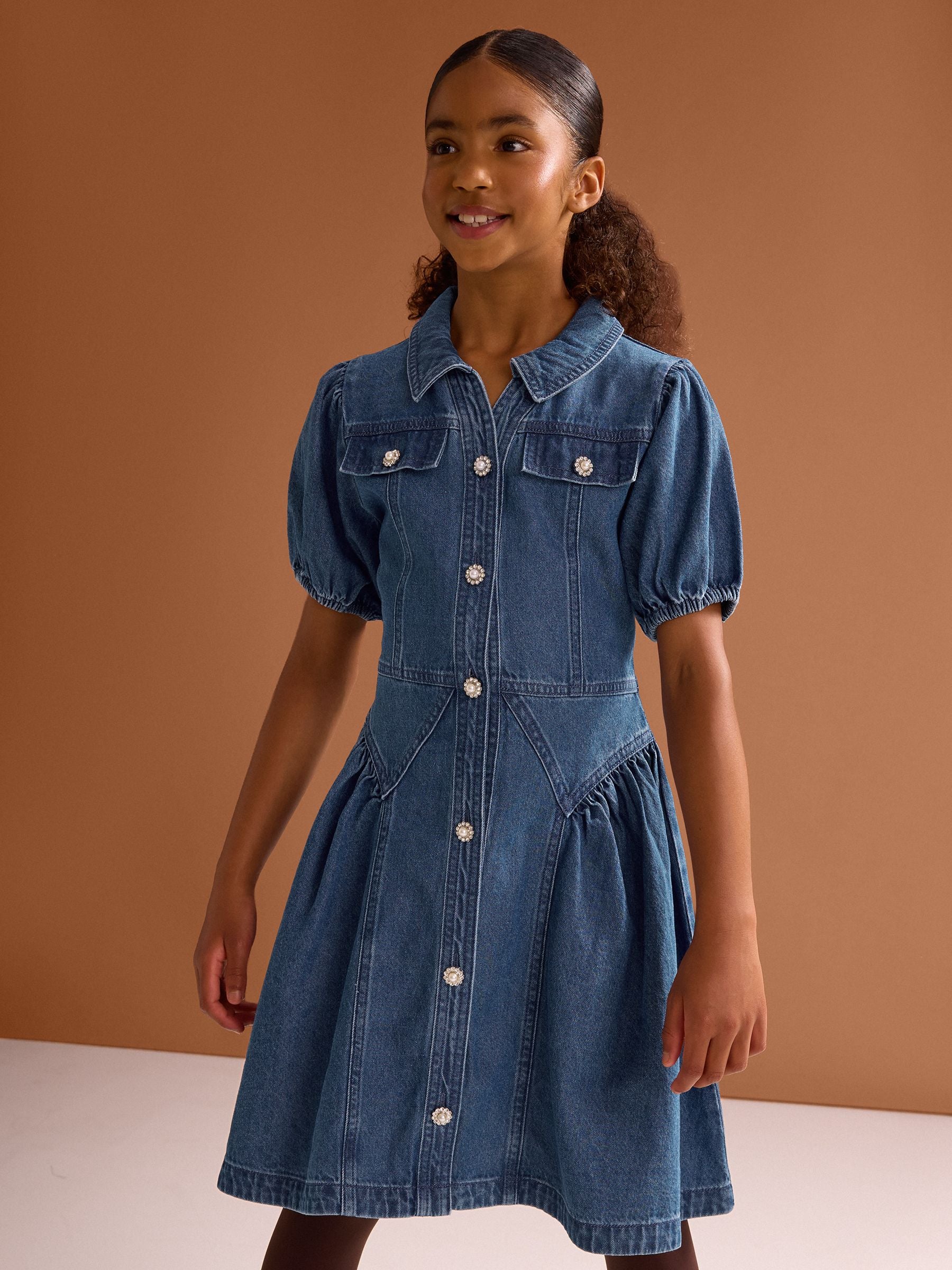Dsiney Kidz - Lipsy Blue Denim Puff Sleeve Diamante Dress (5-16yrs) image 4