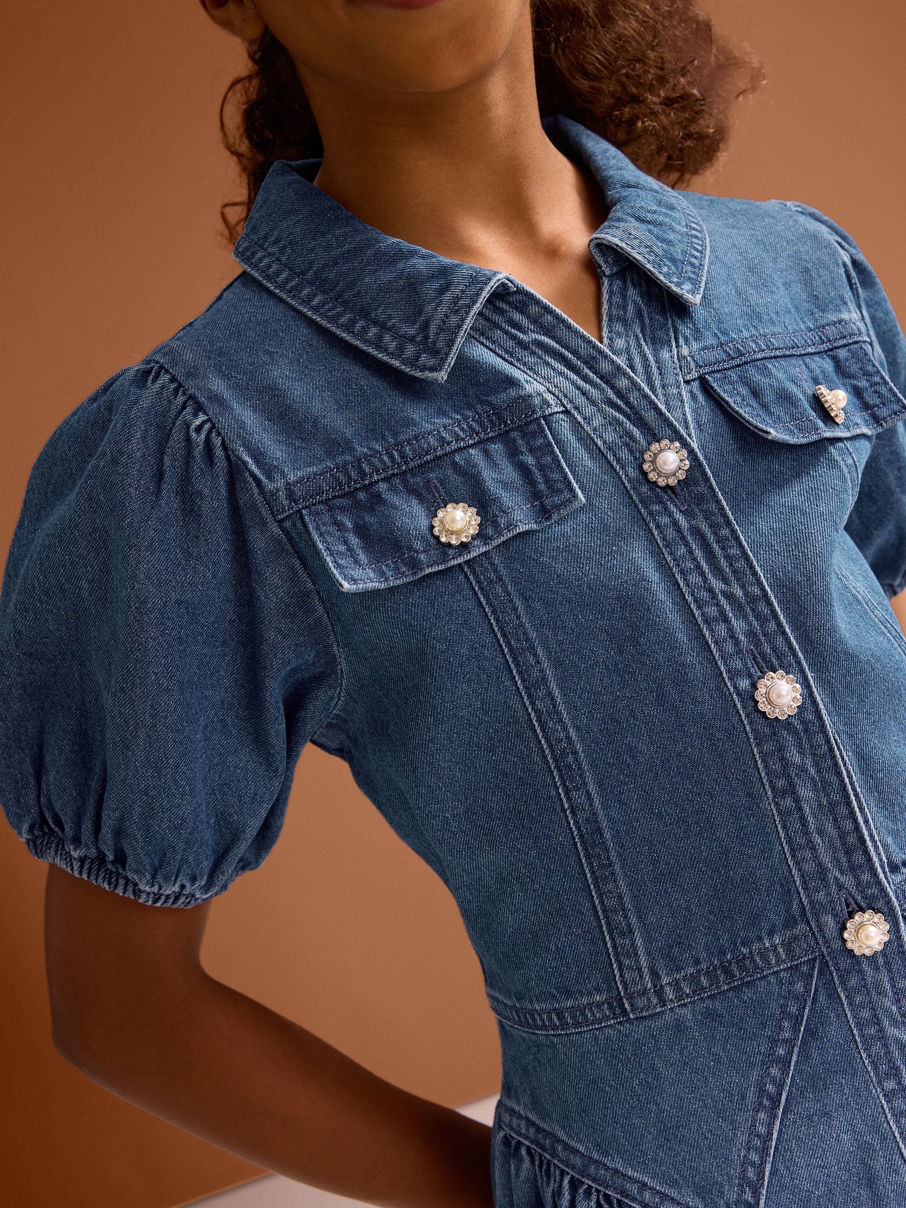 Dsiney Kidz - Lipsy Blue Denim Puff Sleeve Diamante Dress (5-16yrs) image 5