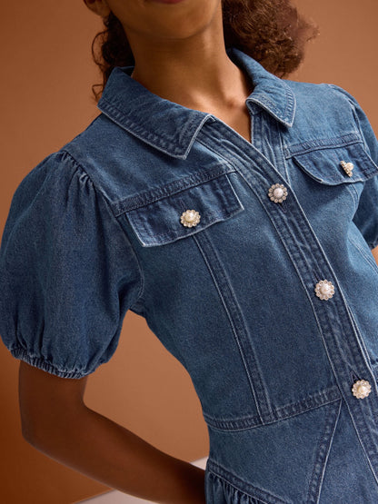 Dsiney Kidz - Lipsy Blue Denim Puff Sleeve Diamante Dress (5-16yrs) image 5