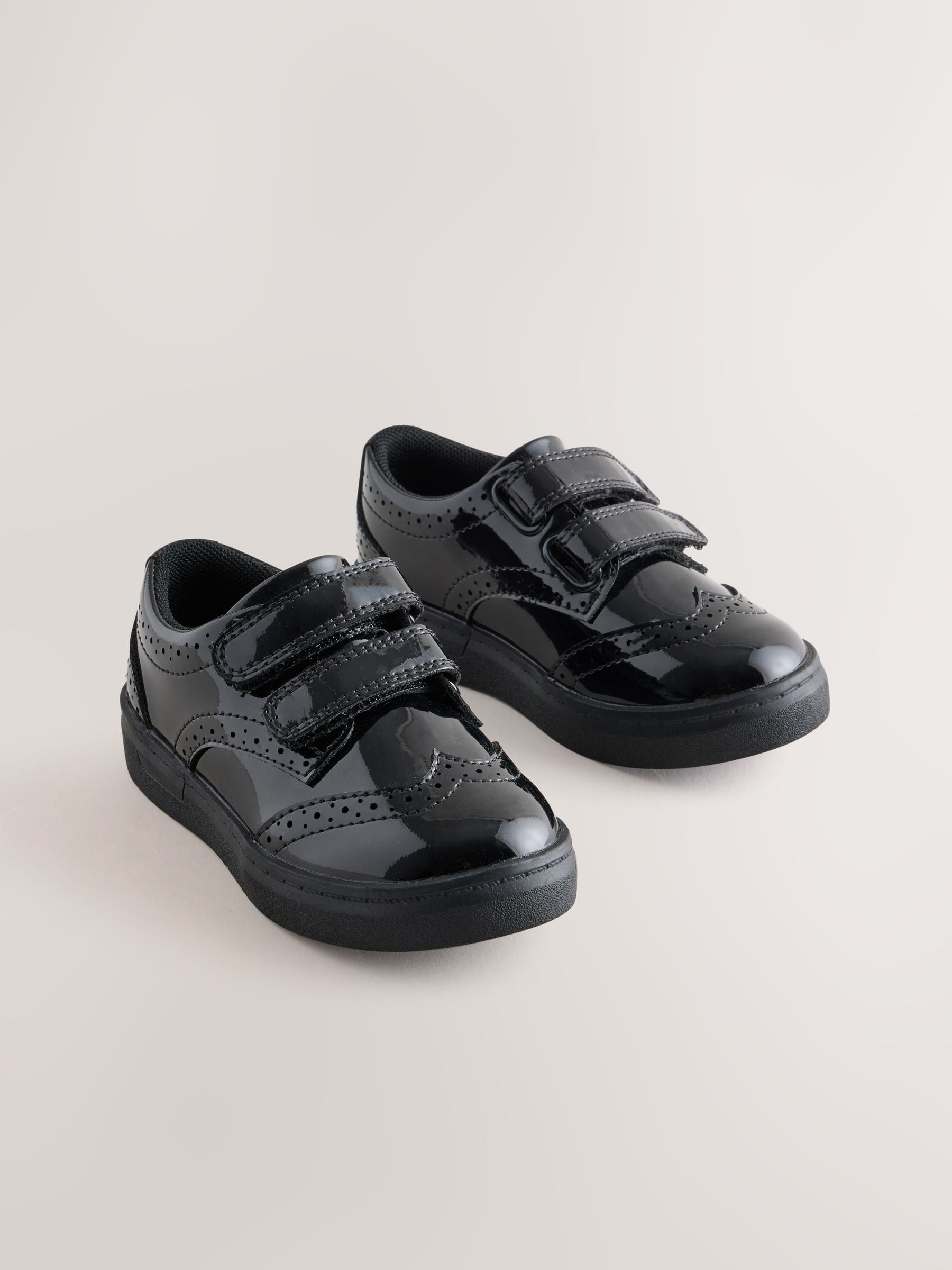 Black Patent Standard Fit (F) Touch Fastening Brogue Shoes image 1