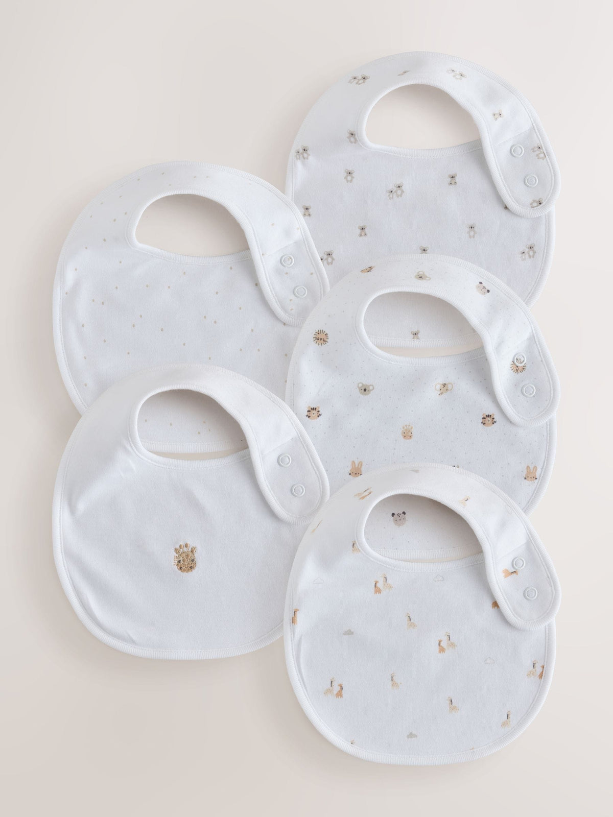 White Mini Safari Animals Baby Bibs 5 Pack - image 1