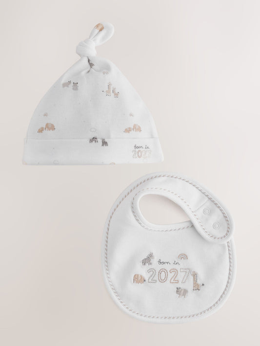 White Born in 2027 Hat and Bib Set (0-12mths) - image 1