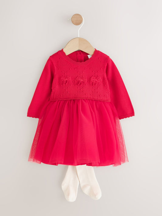 Red Twofer Knit & Mesh Baby Dress & Tights Set 2 Piece (0mths-2yrs) - image 1