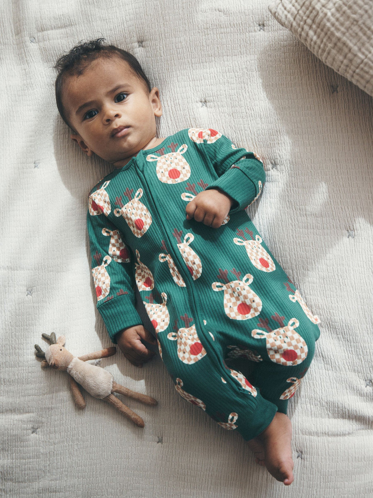 Green Reindeer Christmas Two Way Zip Sleepsuit (0mths-3yrs) - image 1