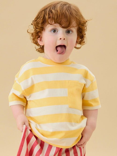 KIDLY by MORI Yellow Striped Soft Cotton Oversized T-Shirt image 1