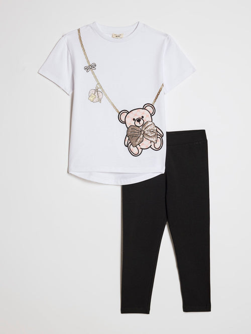 Dsiney Kidz - River Island White Sequin Bear & Bag T-Shirt & Leggings Set image 1