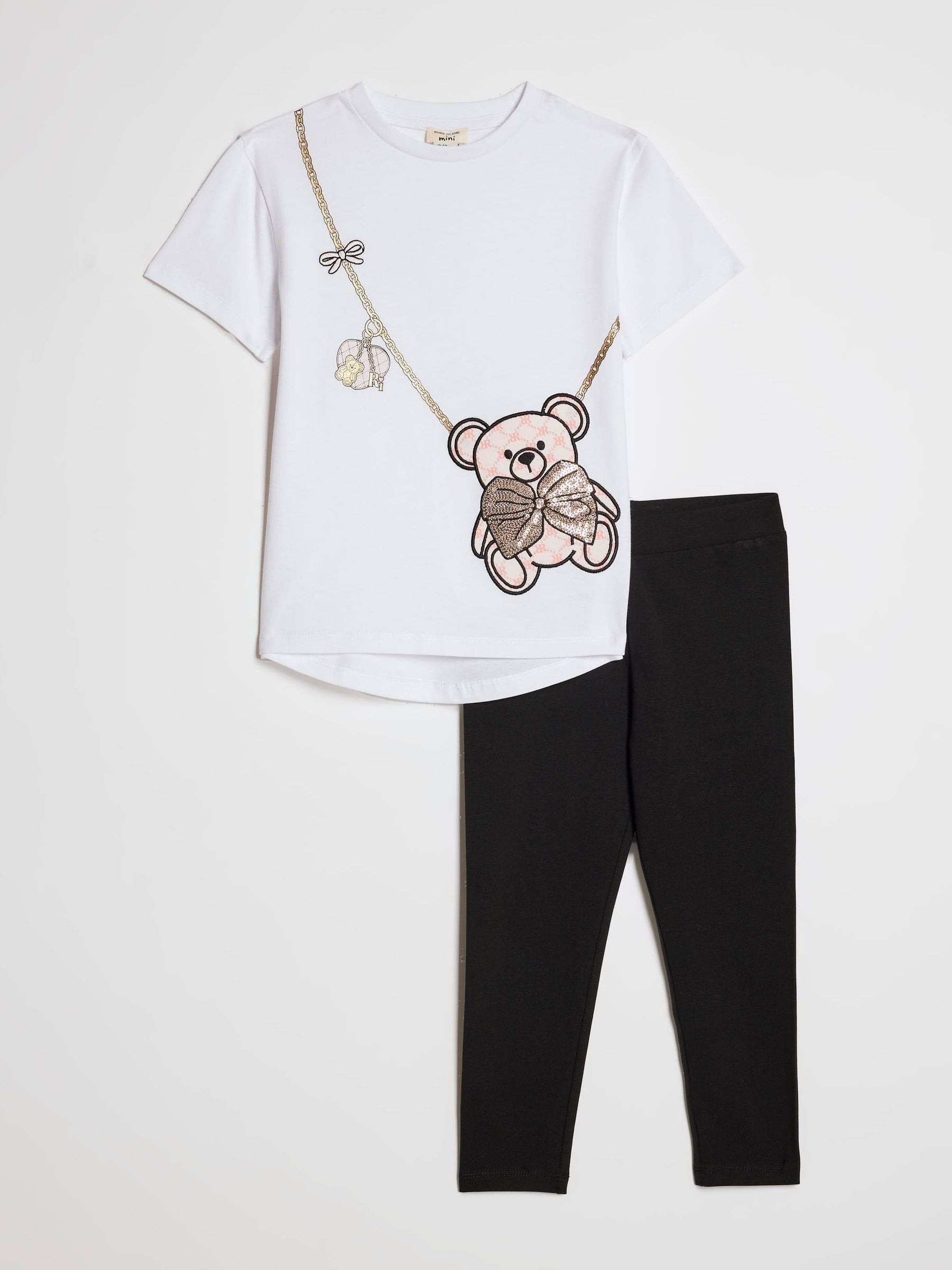 River Island White Sequin Bear & Bag T-Shirt & Leggings Set image 1