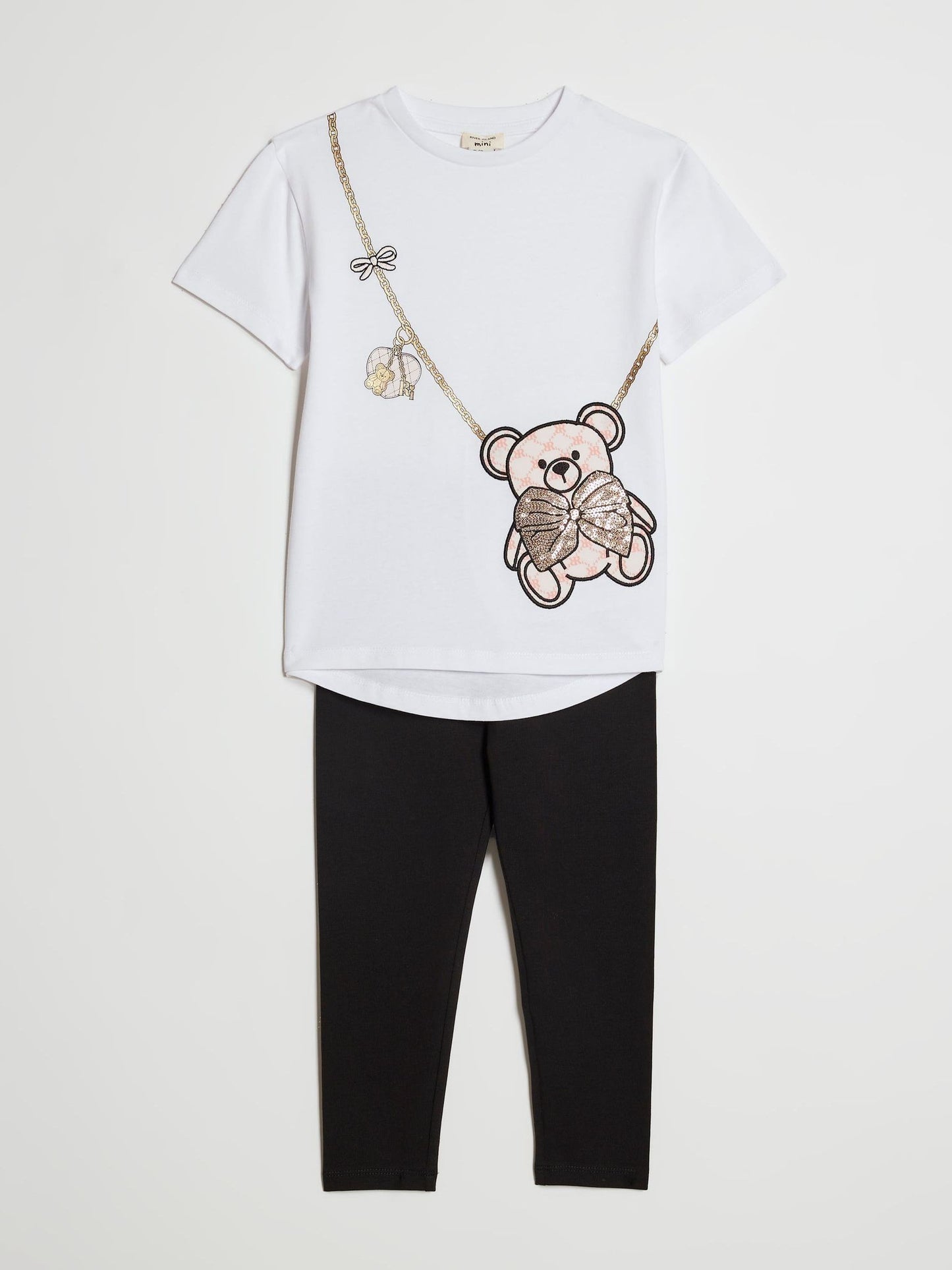 River Island White Sequin Bear & Bag T-Shirt & Leggings Set image 3