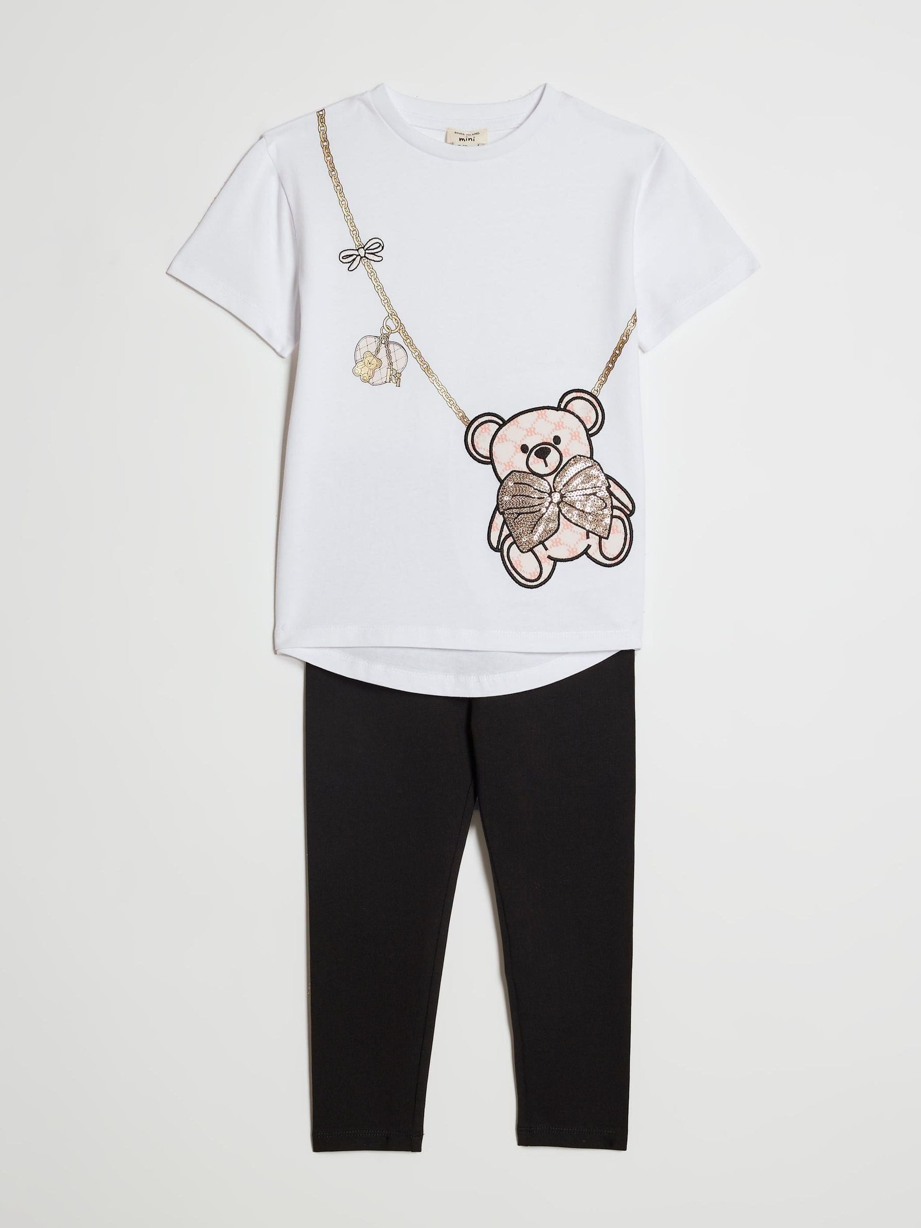 River Island White Sequin Bear & Bag T-Shirt & Leggings Set image 3