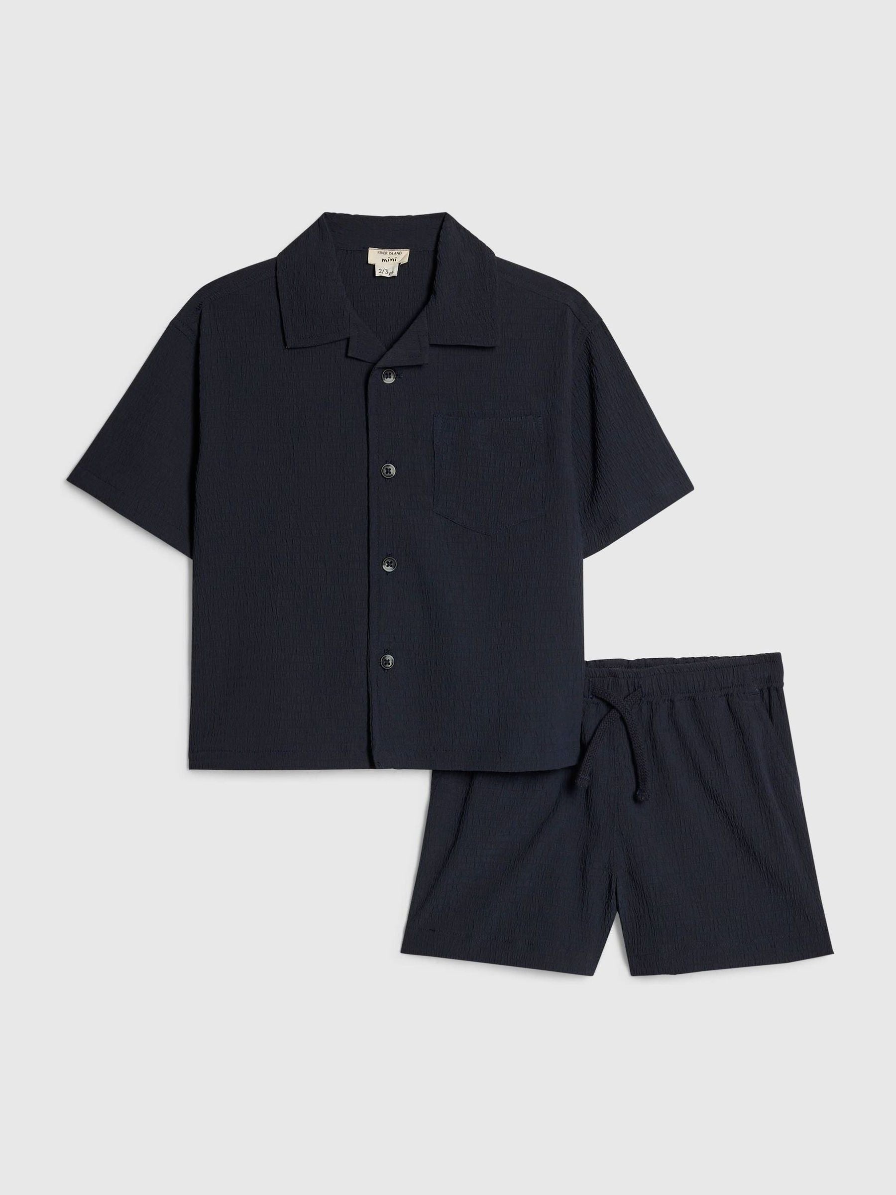 River Island Navy Textured Revere Shirt & Shorts Set image 1