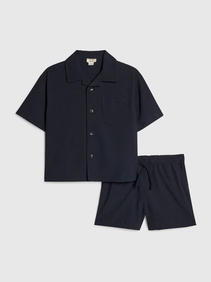 River Island Navy Textured Revere Shirt & Shorts Set image 1