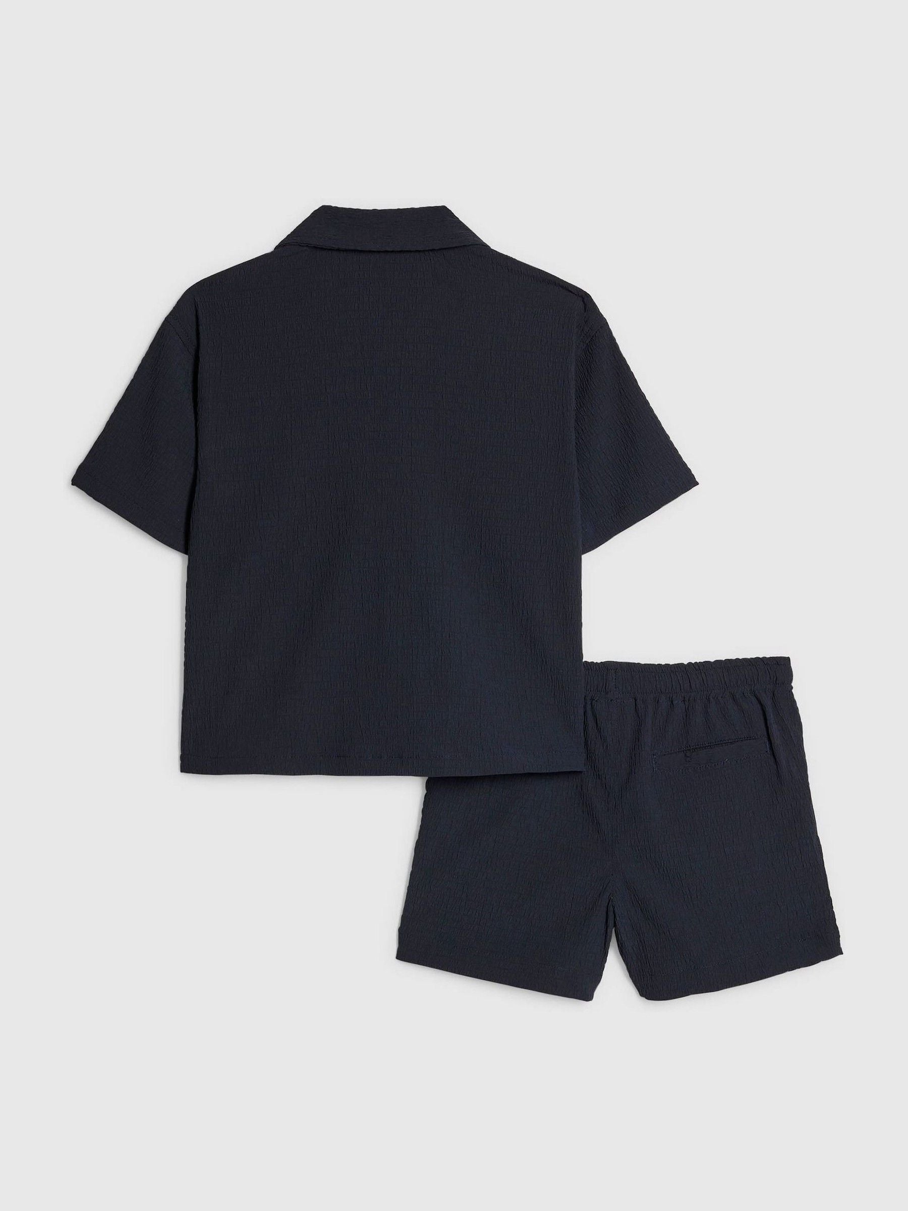 River Island Navy Textured Revere Shirt & Shorts Set image 2