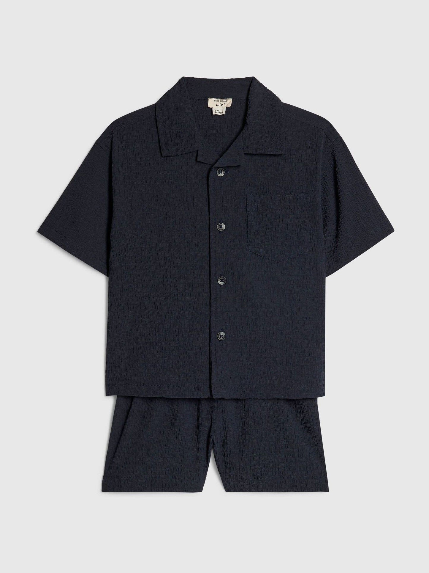 River Island Navy Textured Revere Shirt & Shorts Set image 3