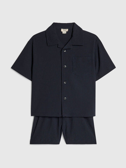 River Island Navy Textured Revere Shirt & Shorts Set image 3