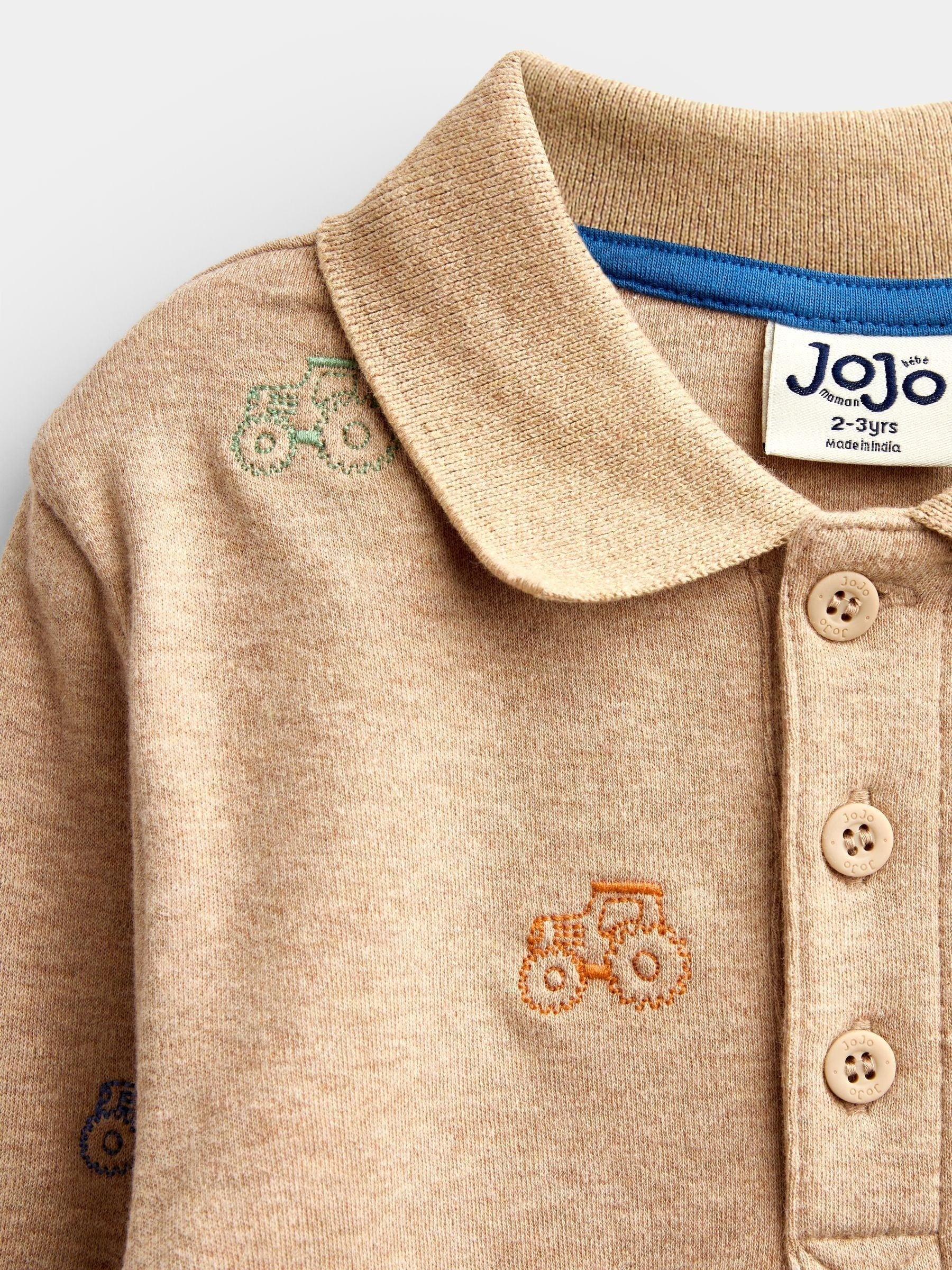 Dsiney Kidz - JoJo Maman Bébé Brown Marl Tractor Embroidered Polo Shirt image 3