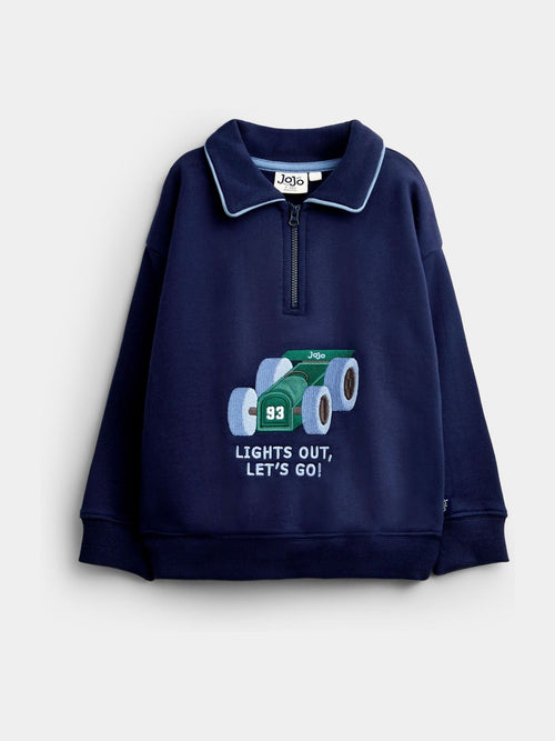 Dsiney Kidz - JoJo Maman Bébé Navy Blue Race Car Appliqué Half Zip Sweatshirt image 1