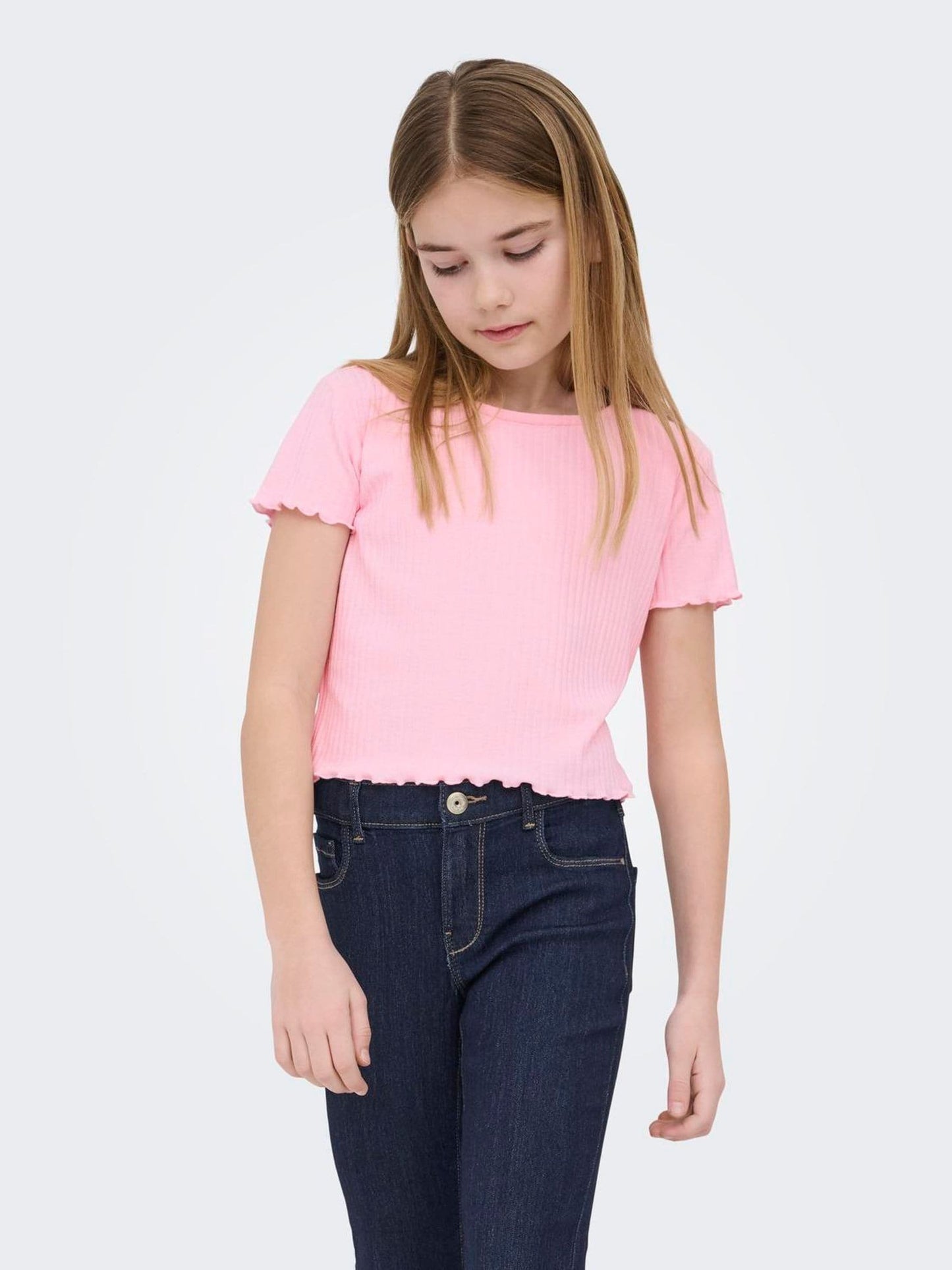 Dsiney Kidz - ONLY KIDS Pink Ribbed Lettuce Edge T-Shirt image 4