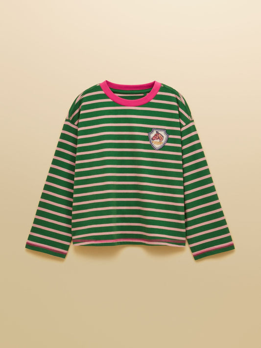 Joules Girls' Mila Pink & Green Long Sleeve Stripe Boxy Top - image 1