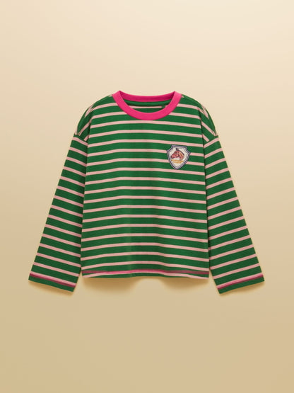 Joules Girls' Mila Pink & Green Long Sleeve Stripe Boxy Top - image 1