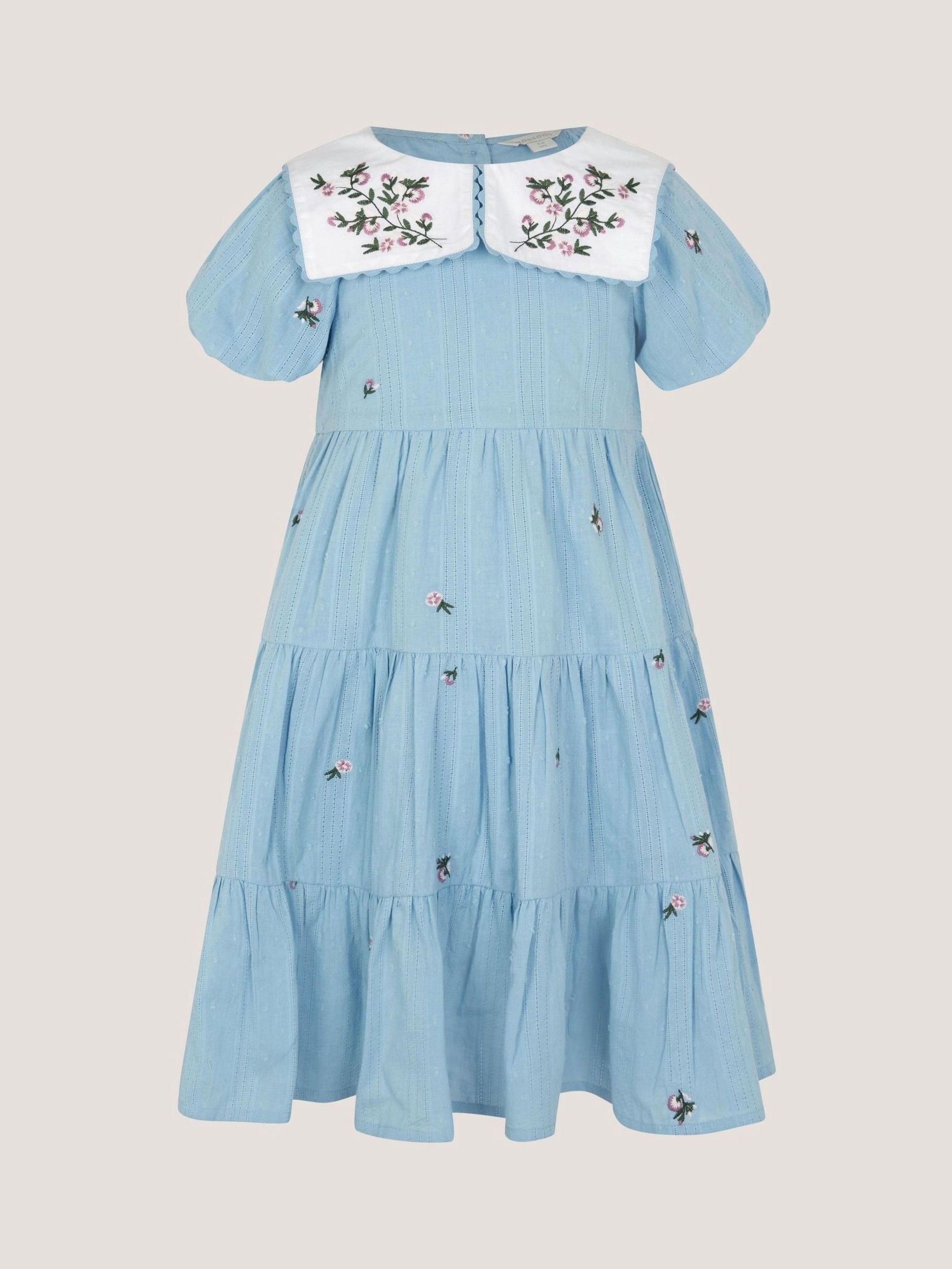 Monsoon Blue Floral Embroidered Collar Dobby Dress image 2