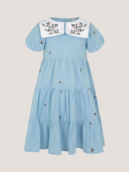Monsoon Blue Floral Embroidered Collar Dobby Dress image 2