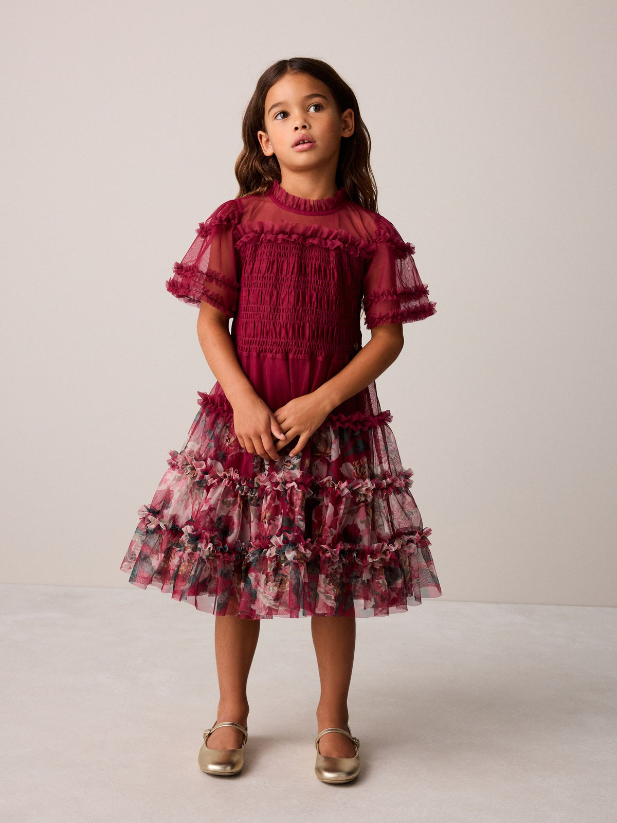 Laura Ashley Red Floral Mesh Tier Dress - image 1