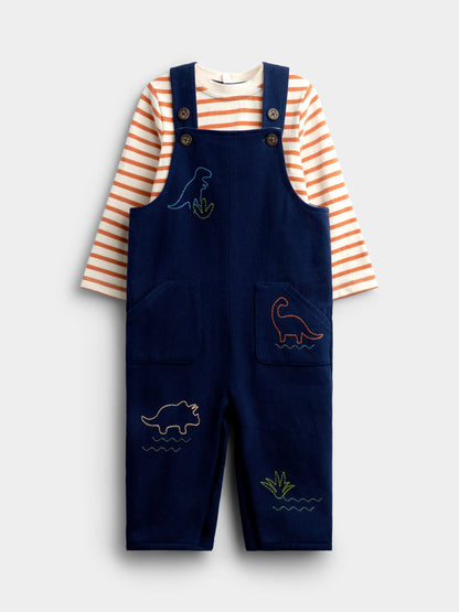 Dsiney Kidz - JoJo Maman Bébé Navy Blue Dino Stab Stitch Embroidered Dungaree Set image 1