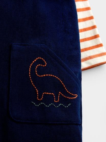 Dsiney Kidz - JoJo Maman Bébé Navy Blue Dino Stab Stitch Embroidered Dungaree Set image 6