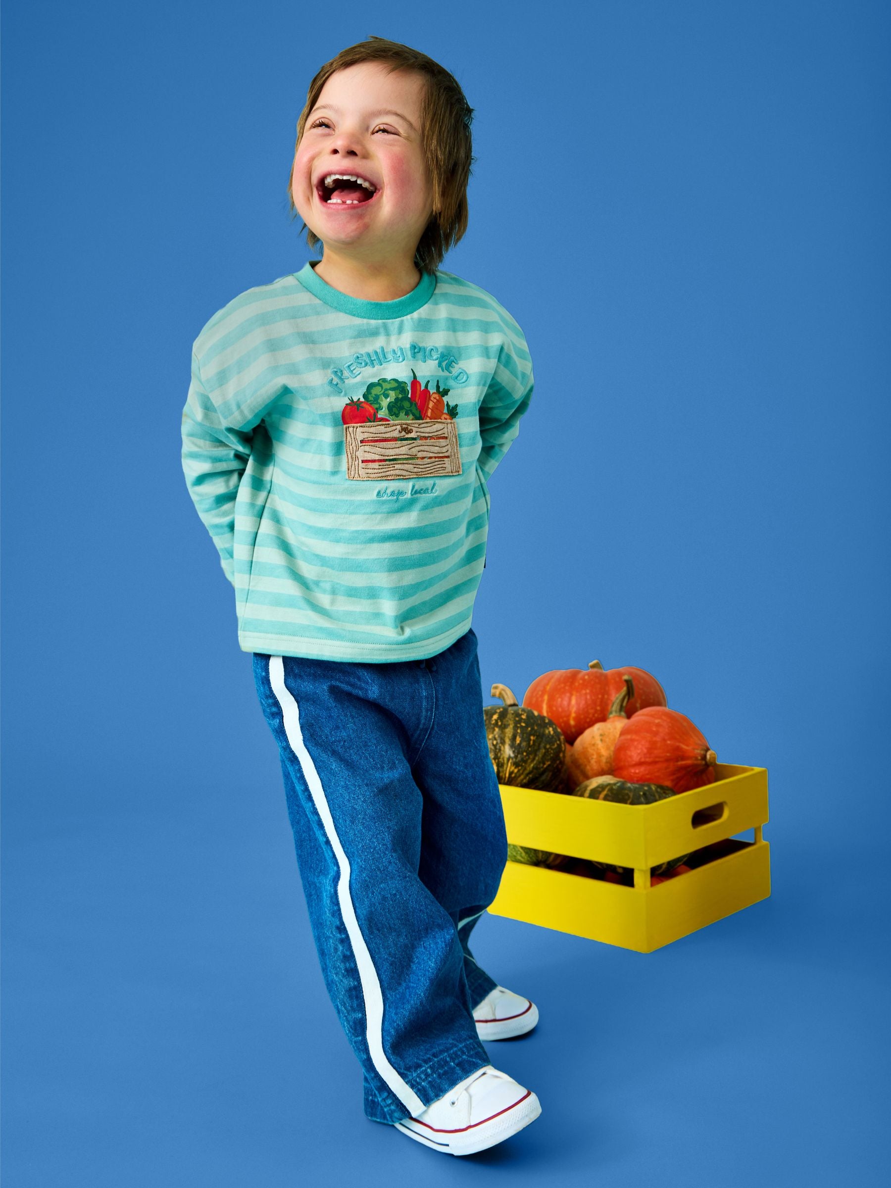 Dsiney Kidz - JoJo Maman Bébé Green Vegetable Long Sleeve Stripe Appliqué Top image 1