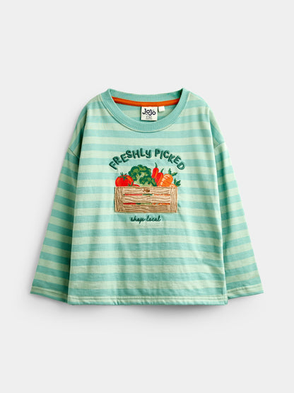 Dsiney Kidz - JoJo Maman Bébé Green Vegetable Long Sleeve Stripe Appliqué Top image 3