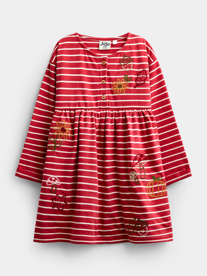Dsiney Kidz - JoJo Maman Bébé Rust Orange Mushroom Chain Stitch Jersey Dress image 3