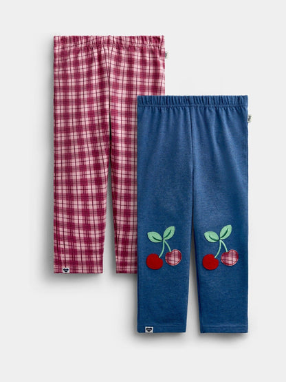 JoJo Maman Bébé Blue Marl Cherry Gingham 2 -Pack Appliqué & Check Leggings - image 1