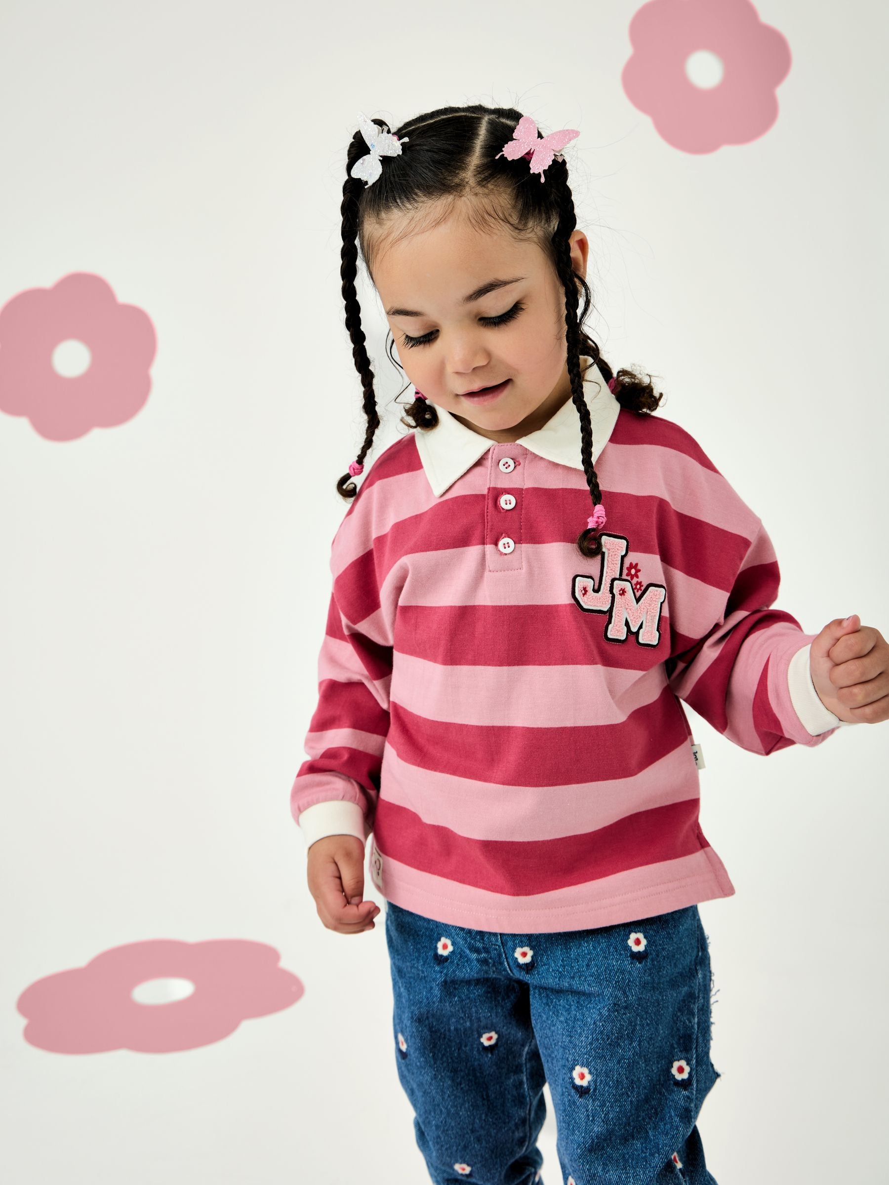 Dsiney Kidz - JoJo Maman Bébé Pink Stripe Appliqué Rugby Shirt image 1