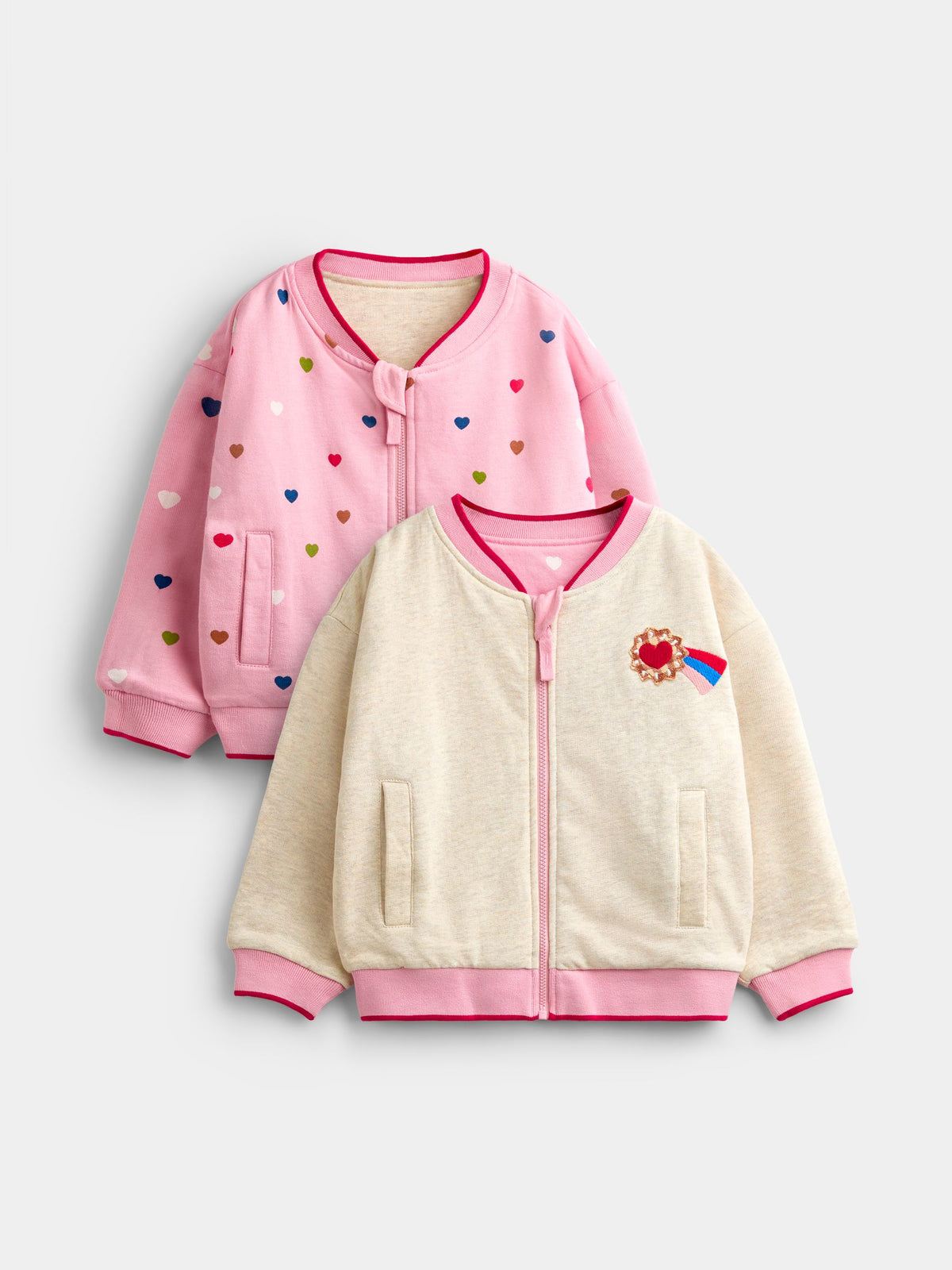 JoJo Maman Bébé Pink Hearts & Oatmeal Appliqué Reversible Bomber Jacket - image 1