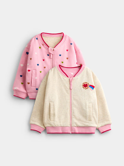 JoJo Maman Bébé Pink Hearts & Oatmeal Appliqué Reversible Bomber Jacket - image 1