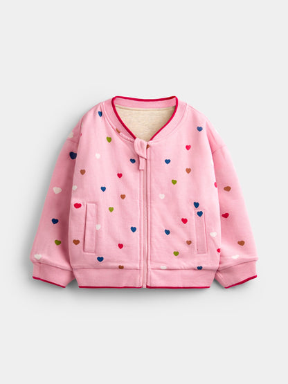 JoJo Maman Bébé Pink Hearts & Oatmeal Appliqué Reversible Bomber Jacket - image 2