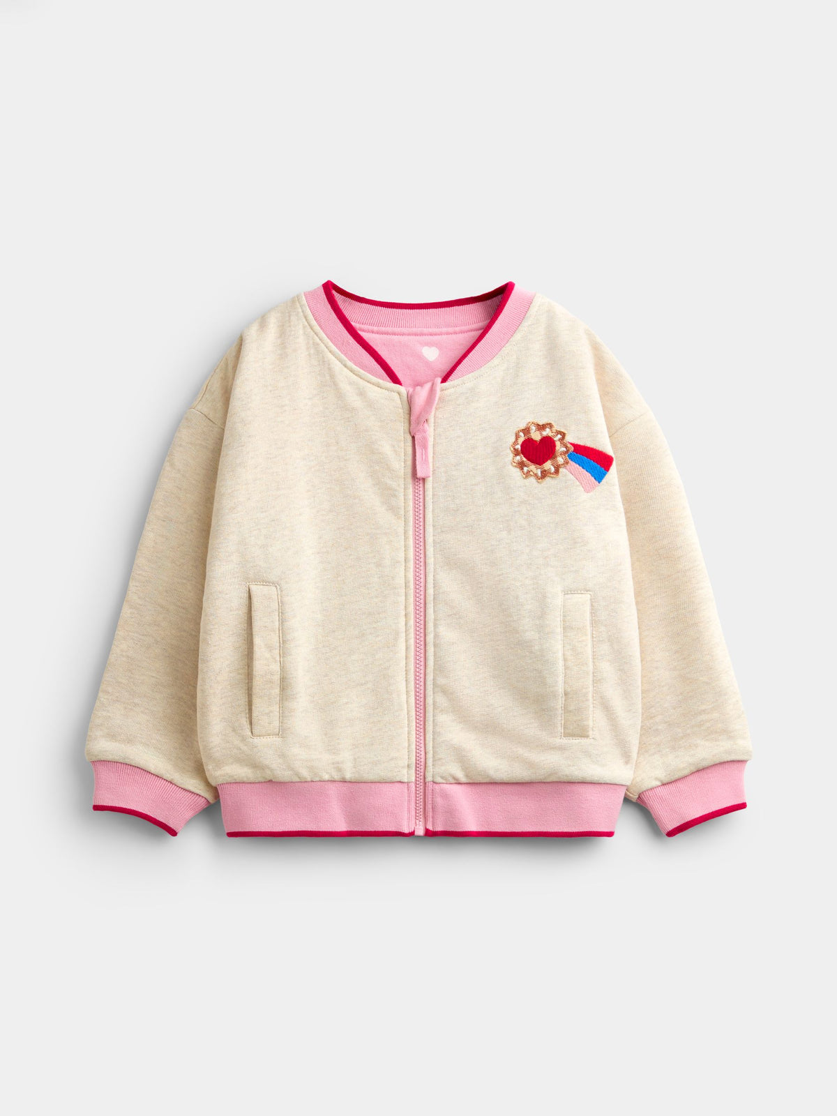 JoJo Maman Bébé Pink Hearts & Oatmeal Appliqué Reversible Bomber Jacket - image 3