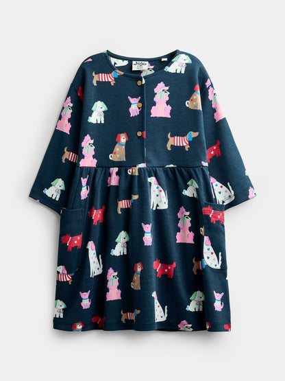 Dsiney Kidz - JoJo Maman Bébé Navy Blue Dog Print Button Front Dress image 1