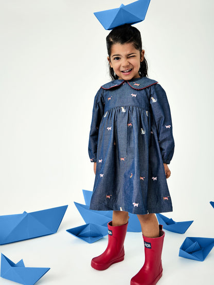 Dsiney Kidz - JoJo Maman Bébé Chambray Blue Pets Embroidered Dress image 1