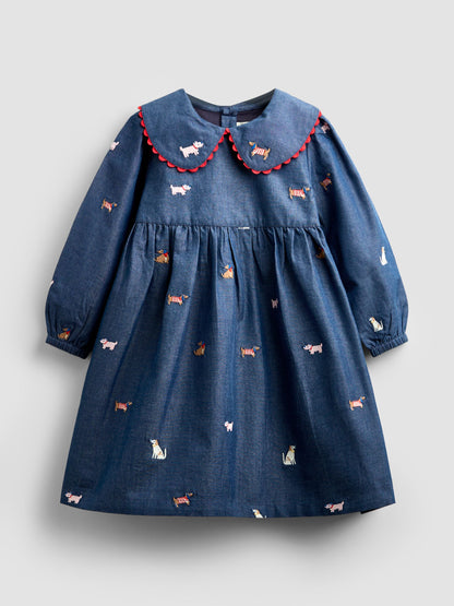 Dsiney Kidz - JoJo Maman Bébé Chambray Blue Pets Embroidered Dress image 2