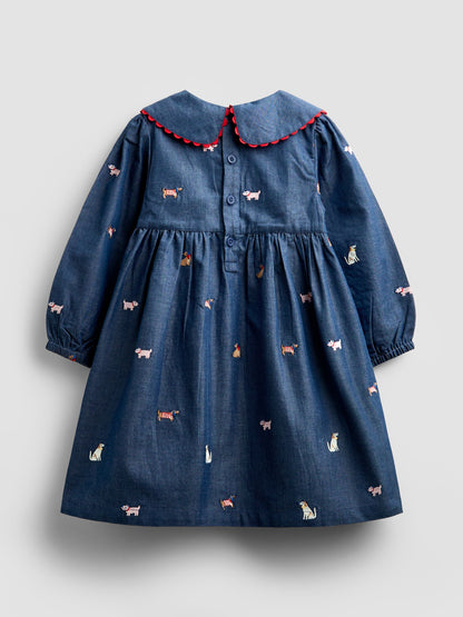 Dsiney Kidz - JoJo Maman Bébé Chambray Blue Pets Embroidered Dress image 3
