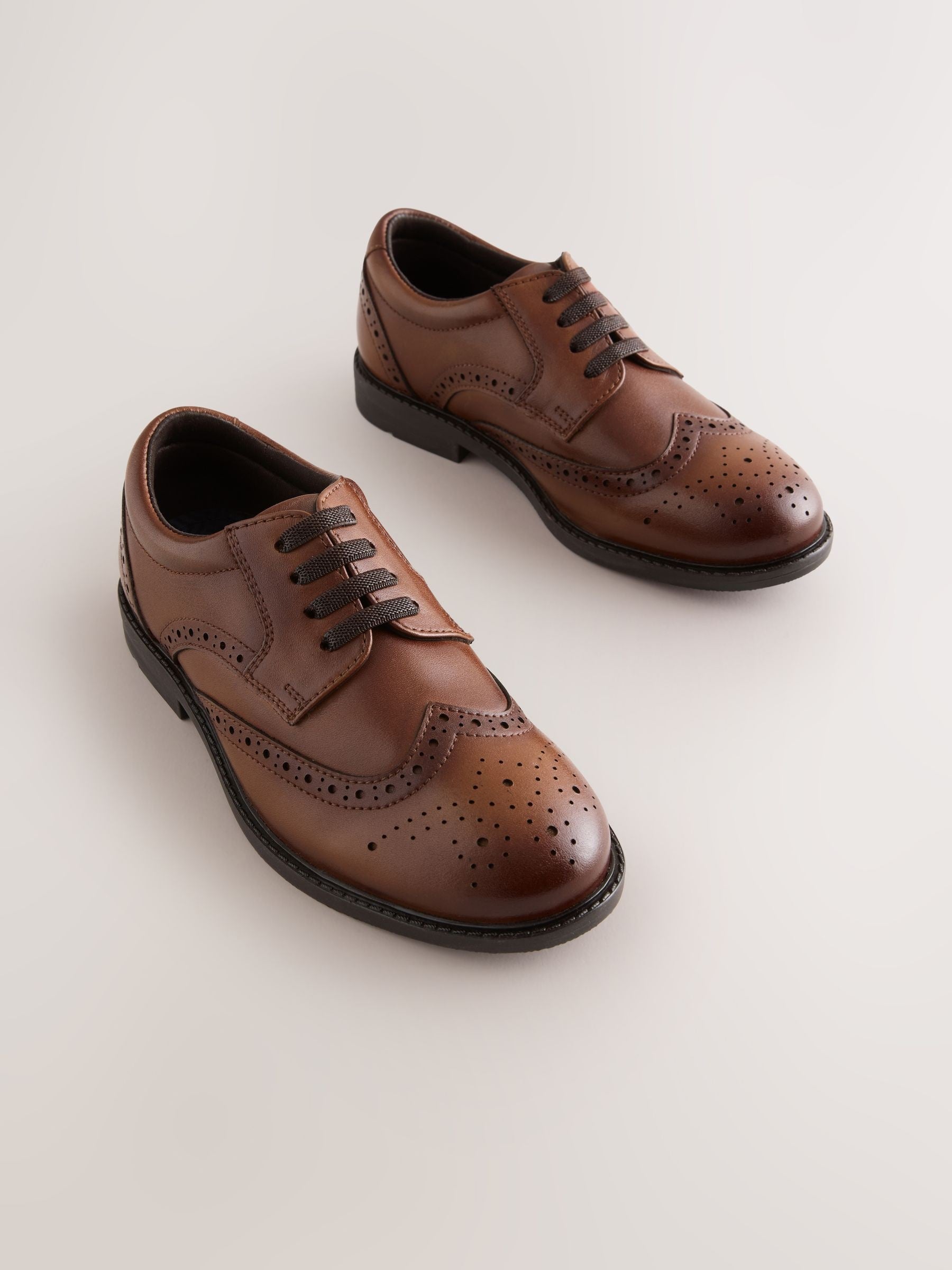 Tan Brown Standard Fit (F) Leather Elastic Lace Brogue Shoes image 1