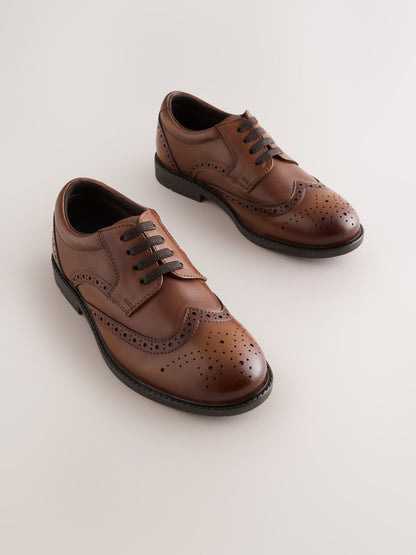 Tan Brown Standard Fit (F) Leather Elastic Lace Brogue Shoes image 1