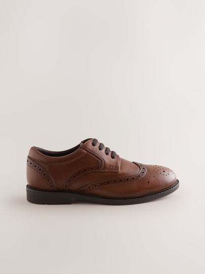 Tan Brown Standard Fit (F) Leather Elastic Lace Brogue Shoes image 2