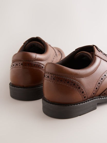 Tan Brown Standard Fit (F) Leather Elastic Lace Brogue Shoes image 3