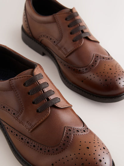 Tan Brown Standard Fit (F) Leather Elastic Lace Brogue Shoes image 4