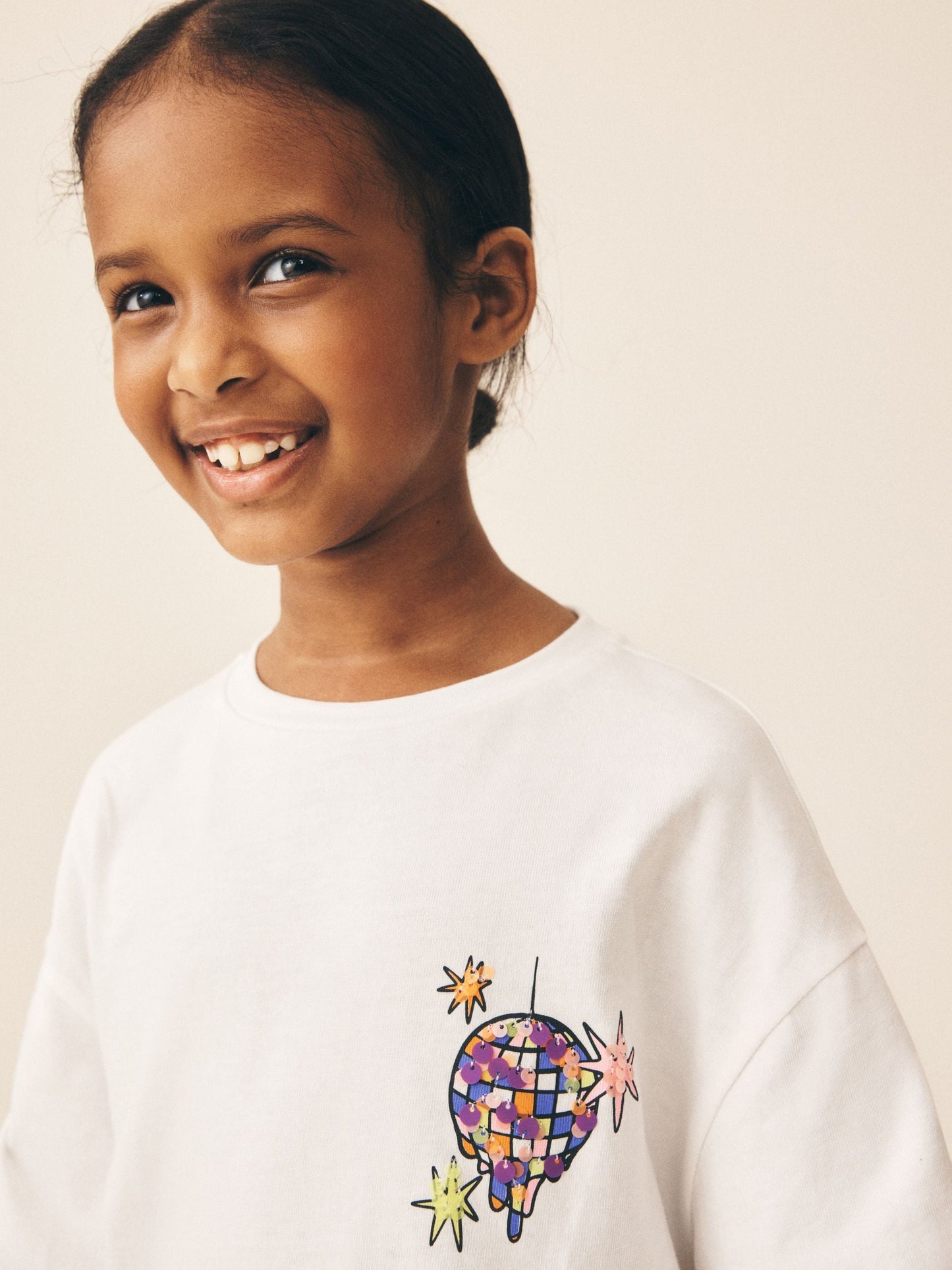 Dsiney Kidz - Ecru Disco Ball Oversized Sequin Graphic T-Shirt (3-16yrs) image 3