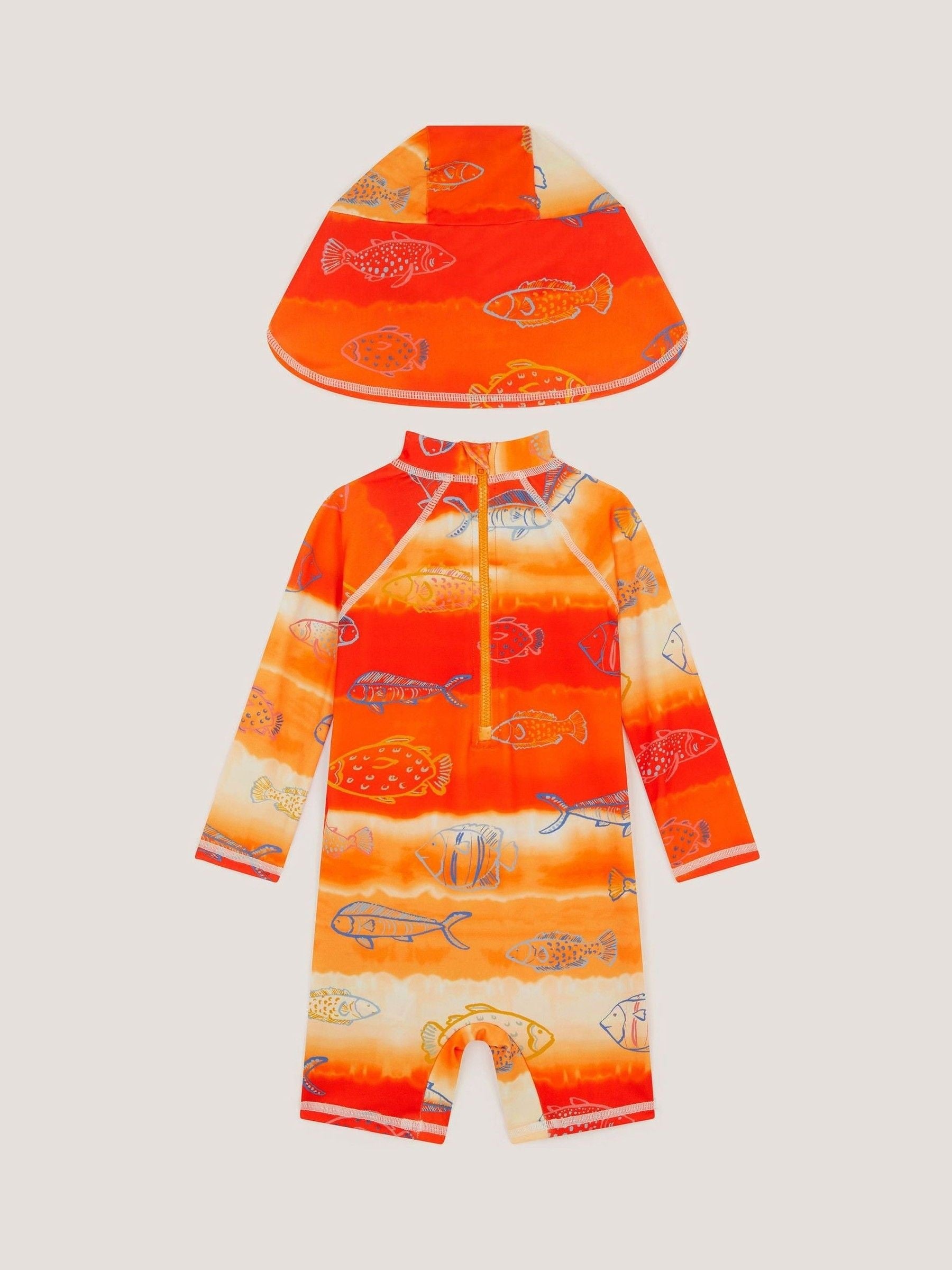 Monsoon Orange Fish Print UPF50+ Swimsuit & Sun Hat Set image 3